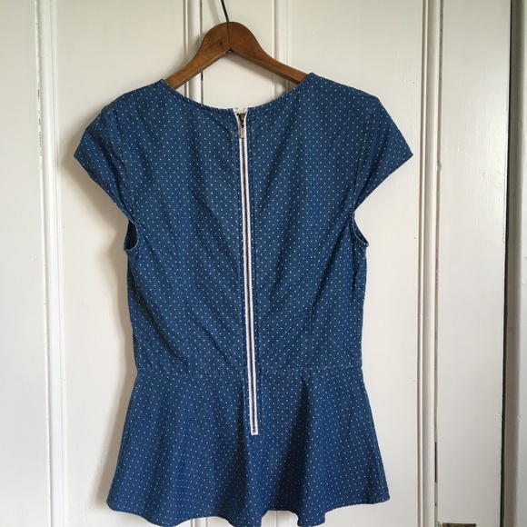 Kensie Chambray Polka Dot Peplum Retro Pin-Up Top S - Picture 6 of 13
